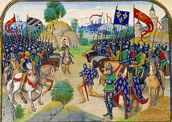 A medieval depiction of soldiers praying before battle